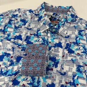 Robert Graham Mens Marshfield Geometric Blue White Flip Cuff Long Sleeve XL
